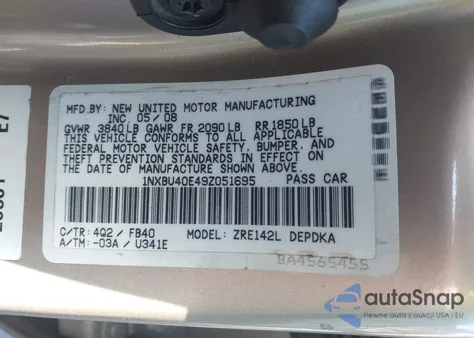 2009 Toyota Corolla Le из США, поврежденный, VIN 1NXBU40E49Z051695